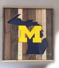 Wall Decor Reclaimed Wood Michigan W Block M Football Decorations Dark Blue Paint Silhouette Sign