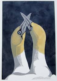 gannet handmade bird artwork print three bears prints vogel grafisch linosnede dieren