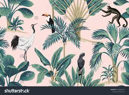 Tropical Vintage Botanical Wild Animal Crane Parrot Toucan Monkey Floral Palm Tree Seamless Pattern Pink Bac Jungle Wallpaper Vintage Botanical Animals Wild
