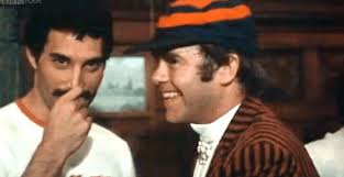 Freddie Mercury and Elton John in 1981 during a party.