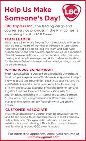 If it isn't clear what your goals are, the screener may discard your resume without considering you for the specific. Lbc Express Urgent Job Hiring Warehouse Supervisor Team Leaders Customer Associates Dubai Ofw