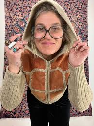 1970''s Vintage Mervyns Suede Acrylic Hooded Sweater Women's Size  Small/medium