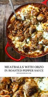 Baked Meatballs With Orzo In Roasted Pepper Sauce Serving Dumplings Recipe In 2021 Stuffed Peppers Roasted Pepper Sauce Best Pasta Recipes