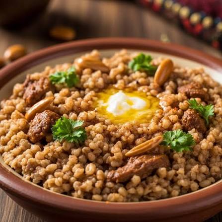 Fresh ingredients for making Jareesh recipe laid out on wooden table including cracked wheat, lamb, onions, tomatoes and spices