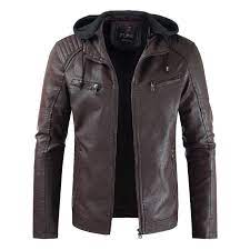 Men S Detachable Hooded Earphone Drawstring Leather Fleece Warm Lapel Collar Jacket Men S Leather Jacket Leather Jacket Stand Collar Jackets