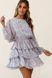 Odessa Long Sleeve Layered Ruffle Dress Floral Print Blue In 2020 Long Sleeve Ruffle Dress Layered Ruffle Dress Dresses