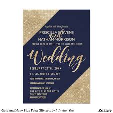 Gold And Navy Blue Faux Glitter Sequin Wedding Invitation Elegant Chic And Glamorous Faux Print Wedding Invitations Sequin Wedding Modern Wedding Invitations
