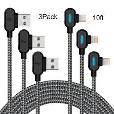 90 Degree Lightning Cable 10ft Right Angle Iphone Charging Cable With Blue Led Light 3 Pack Nylon Braided Usb Data Charger Cable Fast Charge Cord Compatible Iphone Xs Max Xr X 8