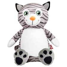 Birth Announcement Stuffed Animal Blanks Plush Cat Cubby Embroider Friendly Stuffed Animal Removable Stuffing Pod For Embroidery On Belly For Personalization Cat Soft Toy Grey Tabby Cats Tabby Cat