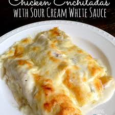 Cheesy Chicken Enchiladas With Sour Cream White Sauce Recipe Main Dishes With Flour Tortillas Flour Chicken Bro White Sauce Recipes Recipes Enchilada Recipes