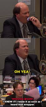 And Then When Kevin Went And Ruined It By Eating A Really Good Candy Bar The Office Show The Office Seasons Office Memes