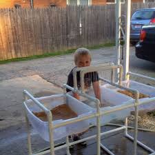 Water And Sand Table Made Using Pvc Pipes And Storage Bins Outdoor Activities For Kids Summer Water Fun Sand And Water Table