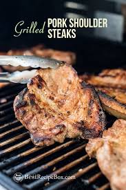 Grill the pork chops for 3 minutes, then turn the meat 90 degrees and grill an additional 3 minutes on the same side. Grilled Pork Steak Recipe Or Bbq Pork Shoulder Steaks Best Recipe Box