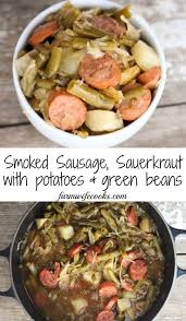 With a slotted spoon remove beans from pan and place in serving dish. This Smoked Sausage Sauerkraut Stew With Potatoes And Green Beans Is An Old Fash Smoked Sausage Recipes Smoked Sausage And Sauerkraut Recipe Saurkraut Recipes