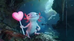 Um lindo axolotl segurando um pirulito rosa em uma caverna mágica o axolotle está sentado em uma rocha no meio de um rio | imagem Premium gerada com IA