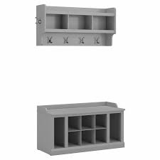 The shoe bench and wall mounted shelf's transitional design blends elements of contemporary and traditional styling to complement a wide range of home furnishings while your choice of cape cod gray, white ash and ash brown finish options make it easy to find the perfect look for your space. Woodland 40w Shoe Storage Bench With Doors And Wall Mounted Coat Rack In Cape Cod Gray