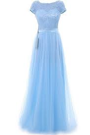 Light Blue Tulle Lace Round Neck Short Sleeves Long Evening Dresses Formal Dress For Prom Banquet Dresses Formal Dresses Evening Dresses Long