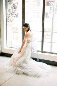 Styled Social Los Angeles Indoor Avant Garde Wedding Inspiration With Dusty Blues And Tangerine Ruffled Whimsical Wedding Gown Vintage Inspired Wedding Gown Wedding Dresses Unique