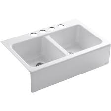 The sink is large, and not having a center divider really creates more space and function without taking up more space in the kitchen. Kohler Hawthorne Undermount Farmhouse Apron Front Cast Iron 33 In 4 Hole Double Bowl Kitchen Sink In White K 6534 4u 0 The Home Depot
