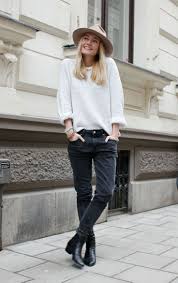 Black Boots With Jeans White Sweater Black Jeans Boots Hat Casual Street Style Women Fashion Fashion Casual Street Style Fashion Clothes Women