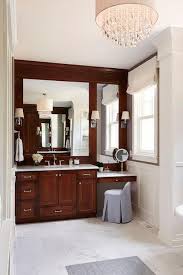 Cherry bathroom vanities are made of a premium hardwood valued for its rich luster, appealing grain, and natural glow. Cherry Makeup Vanity With Gray Vanity Stool Transitional Bathroom