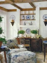 French Cottage Blue And White With Rustic Woods Love The Ceiling And Use Of Antique Wo French Living Room Decor French Country Living Room Provence Interior
