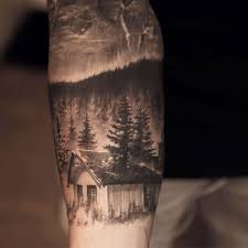Black And White Woods Tattoo Tattoo Realism Tattoos Forest Tattoos Black And Grey Tattoos