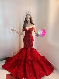Shop our red lace dress selection from the world's finest dealers on 1stdibs. Dramatic Red Beaded Fit And Flare Wedding Evening Gown With Tiered Lace Skirt And Court Train