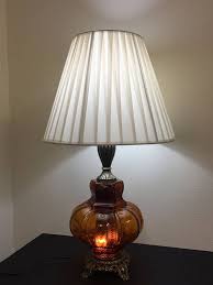 1970s Vintage Table Lamp With Cast Antique Brass Metal Base Amber Brown Molded Glass Base With Diffuser And Night Light 3 Wa Vintage Table Lamp Table Lamp Lamp