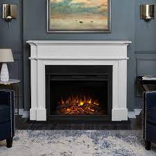 Crisp white finish on molded detailing pairs with the dark gray marble effect around the electric fireplace. Real Flame Harlan Grand White Electric Fireplace 8060e W Real Flame