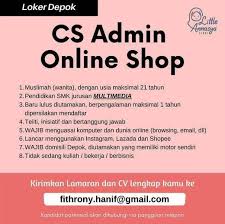 Memberikan pelatihan kepada seluruh karyawan j&t express depok terkait sop dan budaya perusahaan menyusun modul sesuai lokania handal perdana membuka lowongan untuk posisi kurir, dengan spesifikasi sebagai berikut: Lowongan Cs Admin Online Shop Depok Atmago