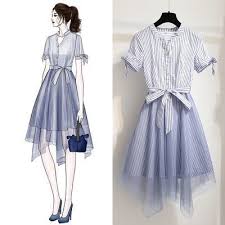 Gaun Musim Panas Dress French Retro Bergaris Dengan Jaring Desain Khusus Wanita Modern Di 2020 Gaya Model Pakaian Gaun Musim Panas Sketsa Model Pakaian