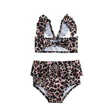 2pcs Set Toddler Baby Girl Swimsuit Floral Leopard Ruffle Swimwear
