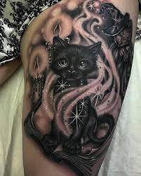 Hocus Pocus Inspired Kitten Spell Book Thigh Sleeve By Ryan Ashley Malarkey Ryanashleymalarkey Cat Tattoo Fantasy Tattoos Halloween Tattoos