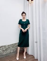 Đầm body suông cổ vuông viền dợn sóng màu xanh - D101