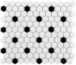 Colors and patterns are already coordinated and placed. White Hexagon Black Dot Matte Ceramic Mosaic Floor Wall Tile