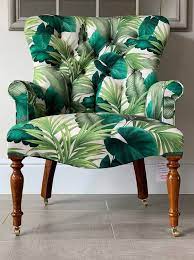 Digital Printed Green Tropical Palm Leaves Armchair Chair On Cream Velvet In 2021 Green Sofa Living Room Furniture Fix Armchair