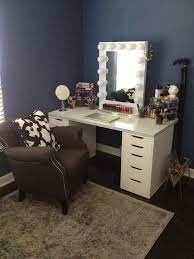Lots To Like Here The Lit Mirror The Ikea Alex Drawer Unit The Dark Grey Wall The Make Up Storage Bedroom Vanity Set Bedroom Vanity With Lights Ikea Vanity