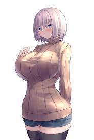 2busty2hide turtleneck - yuuki shuri, original, absurdres, highres, 1girl,  arm behind back, black thighhighs, blue eyes, blue shorts, blush, breasts,  closed mouth, cowboy shot, curvy, grey hair, hair over eyes, hand on