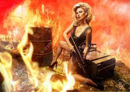The dispatch said mam, please calm down. Sexy Blonde Woman With Rifle In Fire Stock Photo Picture And Royalty Free Image Image 46072362