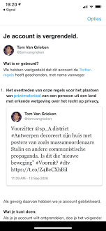Jun 09, 2021 · met vlaggen en posters versieren jonathan en sandra hun huis om ter mooist duivelse weddenschap tussen moeder en zoon: Twitter Blokkeert Account Van Vlaams Belang Voorzitter Tom V Gazet Van Antwerpen Mobile