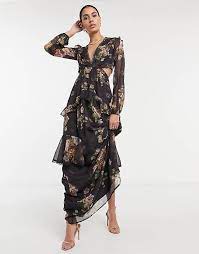 Tall dress by asos design new favorite dress: Asos Design Tall Maxi Dress With Long Sleeve And Circle Trim In Floral Print And Embellishment In Brown Asos