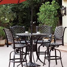 Nassau 7 Piece Cast Aluminum Patio Bar Set W 42 Inch Round Table Umbrella Sesame Cushions By Darlee Bbqguys Patio Bar Set Outdoor Patio Bar Sets Aluminum Patio