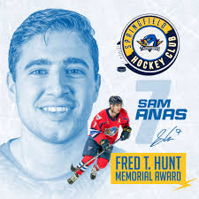 Sam Anas has been named the 2021-22 winner of the Fred T. Hunt Memorial  Award! The Fred T. Hunt Memorial Award is awarded to an AHL player who best  exemplifies the qualities
