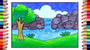 How To Draw Easy Scenery For Kids Waterfall Scenery Drawing With Pencil In 2020 Easy Drawings Waterfall Drawing Drawings