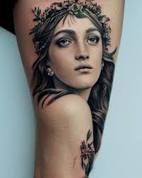 prompthunt: realism tattoo sketch of a beautiful greek goddess aphrodite  with piercing eyes wearing a laurel wreath and triangle earrings, in the  style of greg rutkowski, amazing detail