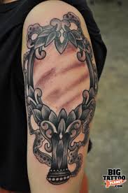 Vintage tattoo photo lady with mirror unknown. Left Half Sleeve Grey Ink Hand Mirror Tattoo On Half Sleeve