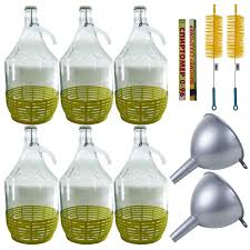 Pachet 6 X Damigeana 5l Din Sticla In Cos Din Plastic Dop Cu Sarma Inchidere Ermetica 2 X Perie Sticla Si Borcan 44cm 2 X Palnie Rotunda Nr 2