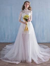 Die verwendete spitze ist eine luxuriöse, schnurgebundene französische spitze mit atemberaubenden wimpern gewellten rand. Elegante Strand Hochzeitskleider 2016 A Line Hohen Hals Spitze Brautkleid Mit Abnehmbaren Zug