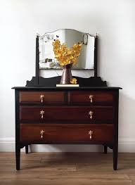 Black And Dark Wood Chest Of Drawers With Mirror Dressing Table In 2020 Wood Chest Brown Dressing Tables Dark Wood
